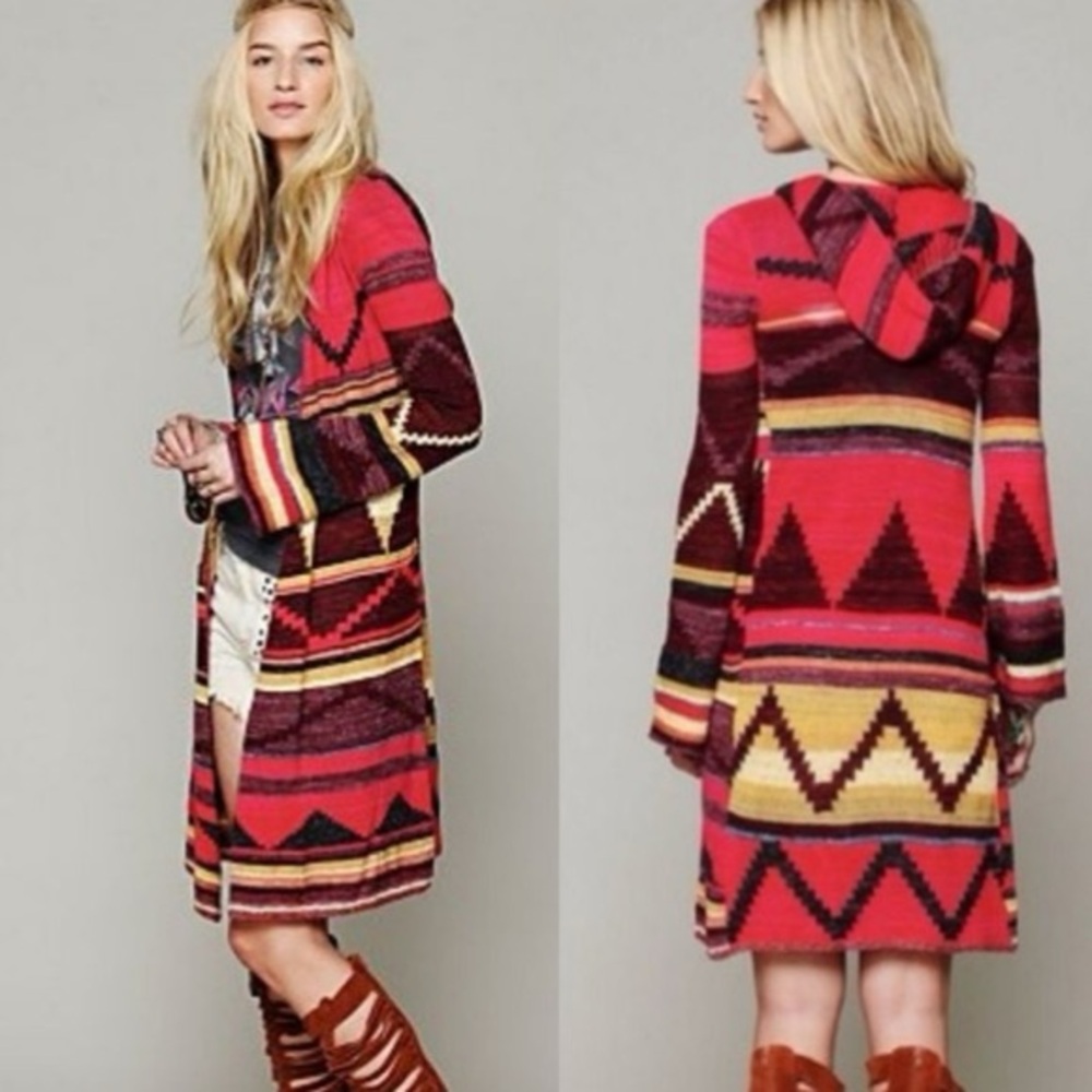 Free People Red Multicolor Aztec Hooded Cardigan